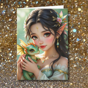 Pretty Elven Fairy & Dragon Themed Girl's Birthday Card