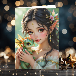 Pretty Elven Fairy & Dragon   Thinking About You Card
