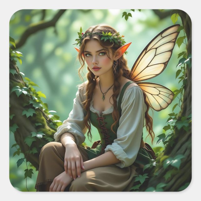 Pretty Elven Fairy in Enchanted Forest Square Sticker (Front)