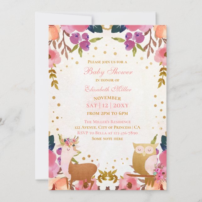Pretty Enchanted Forest Animal Baby Girl Shower Invitation (Front)