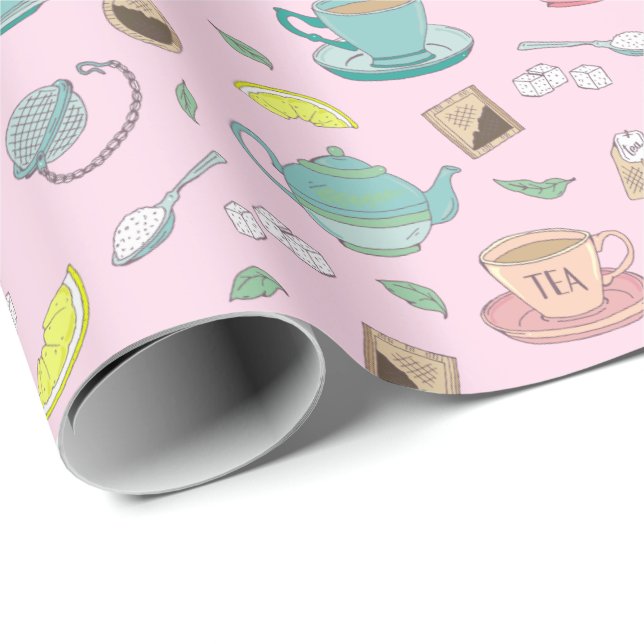 Pretty English Tea Party Teacups Teapots Pattern Wrapping Paper (Roll Corner)