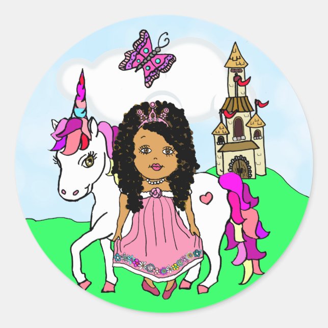 Pretty Ethnic Princess and Unicorn Castle Classic Round Sticker (Front)