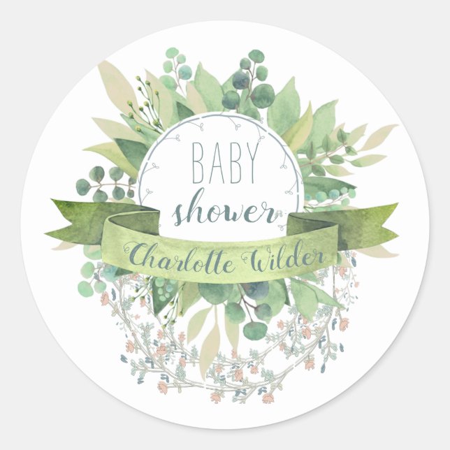 Pretty Eucalyptus Floral Vines Baby Shower  Classi Classic Round Sticker (Front)