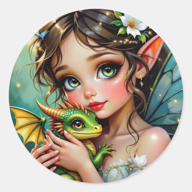 Pretty  Fairy and Dragon Themed Girl's   Classic Round Sticker (Front)