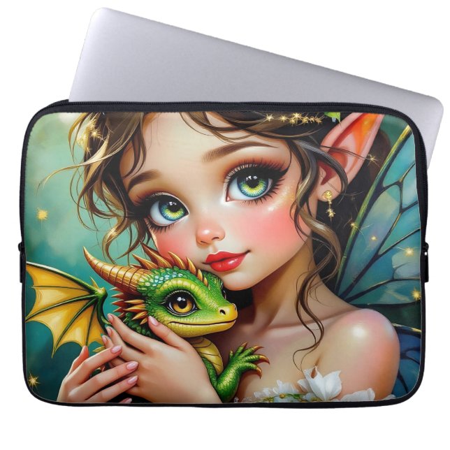 Pretty  Fairy and Dragon Themed Girl's   Laptop Sleeve (Front)