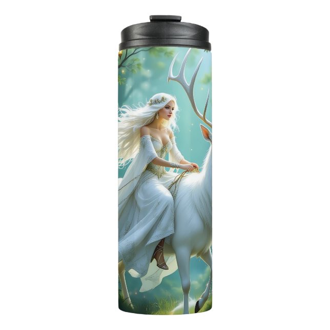 Pretty Fairy and White Deer in Enchanted Forest Thermal Tumbler (Front)