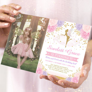 Pretty Fairy Blush Pink Purple Gold Roses Birthday Invitation