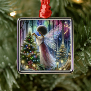 Pretty Fairy Decorating the Christmas Tree  Metal Ornament