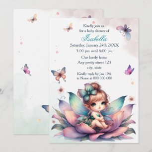 Pretty fairy sitting inside flower baby shower invitation