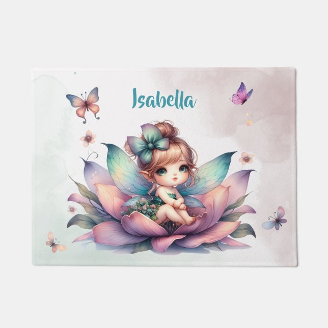 Pretty fairy sitting inside flower doormat (Front)