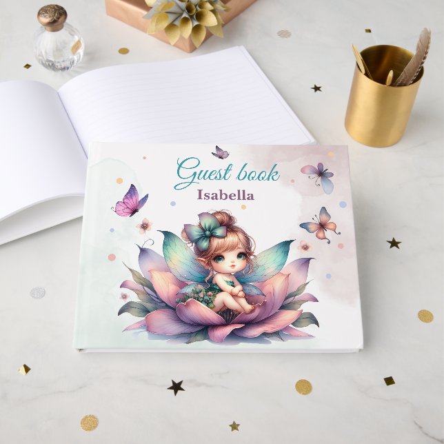 Pretty fairy sitting inside flower  guest book (Front Open)
