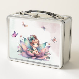 Pretty fairy sitting inside flower metal lunch box