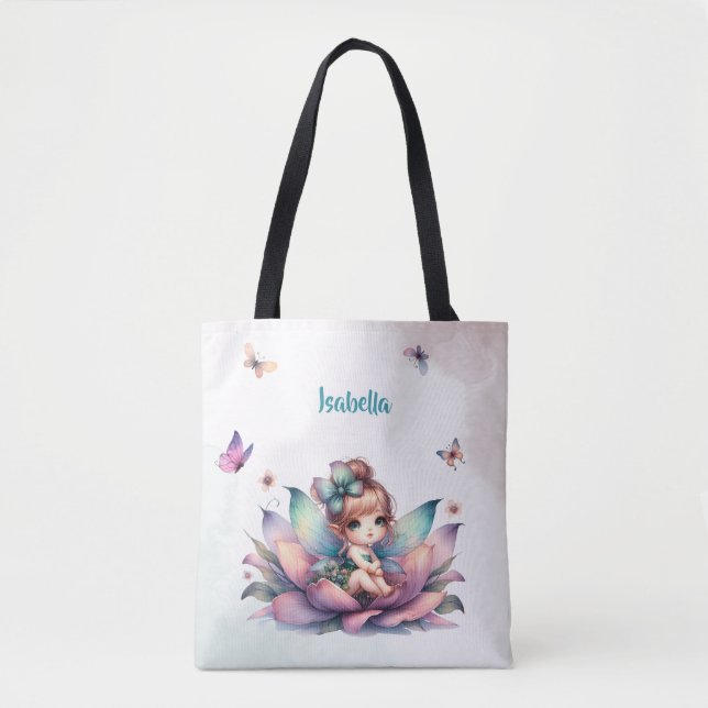 Pretty fairy sitting inside flower tote bag (Front)
