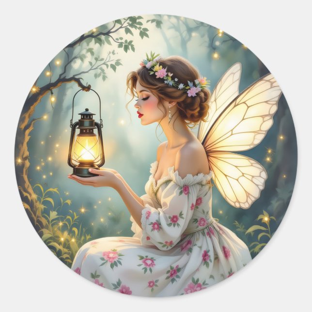 Pretty Fairy Themed Floral Fairytale Classic Round Sticker (Front)
