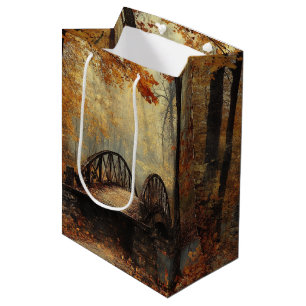 PRETTY FALL AUTUMN BRIDGE IN A FOREST MEDIUM GIFT BAG