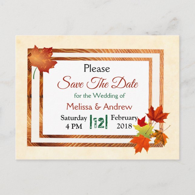 Pretty Fall Autumn Leaves Wedding Save the Date Announcement Postcard (Front)