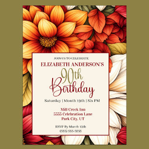 Pretty Fall Dahlia Flower 90th Birthday Invitation