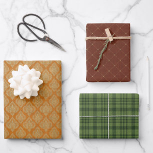 PRETTY FALL GOLD BURGUNDY & GREEN PATTERNS WRAPPING PAPER SHEET