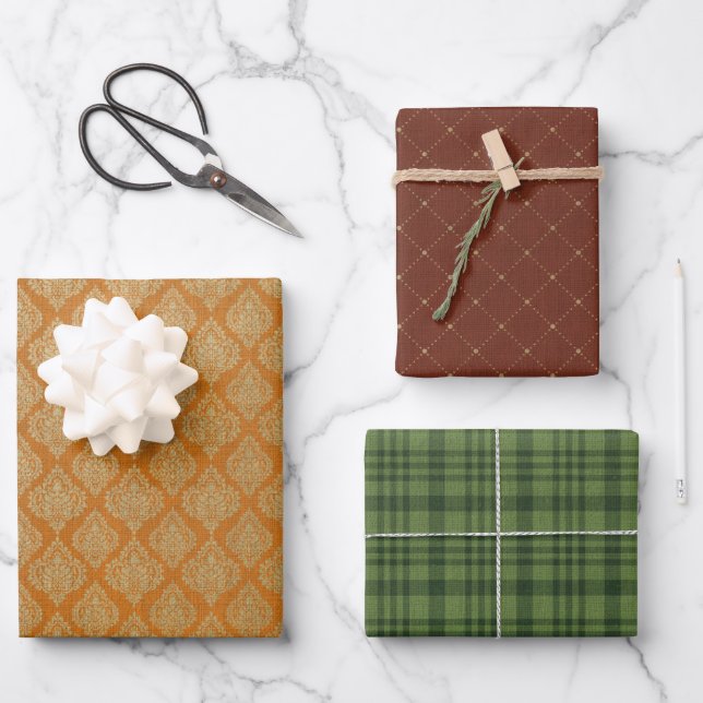 PRETTY FALL GOLD BURGUNDY & GREEN PATTERNS WRAPPING PAPER SHEET (Front)