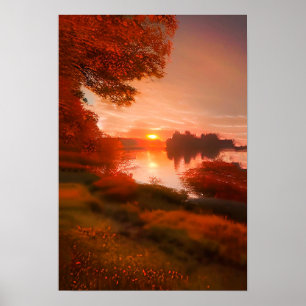 Pretty Fall Landscape lake sunset nature Poster