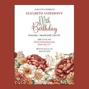 Pretty Fall Peony 100th Birthday Invitation