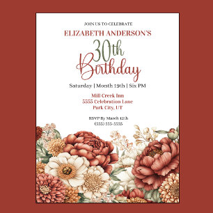 Pretty Fall Peony 30th Birthday Invitation