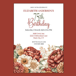 Pretty Fall Peony 75th Birthday Invitation