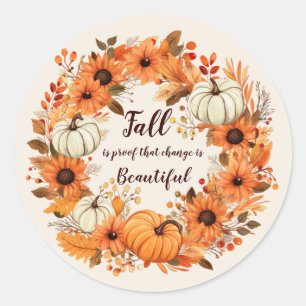 Pretty Fall Pumpkin and Sunflower Wreath Classic Round Sticker