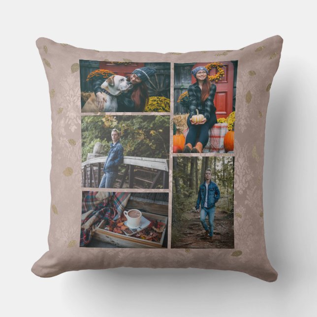 Pretty Fall Rose Gold Leaves Five Photo Collage Cushion (Front)