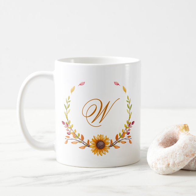 Pretty Fall Yellow Sunflower Bouquet Monogram Coffee Mug (With Donut)