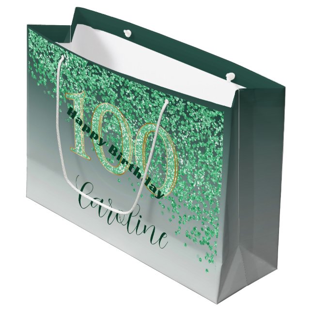 Pretty Falling Green Glitter 100th Birthday Large Gift Bag (Front Angled)
