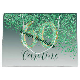 Pretty Falling Green Glitter 60th Birthday Large Gift Bag