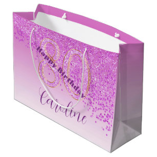 Pretty Falling Pink Glitter 80th Birthday Large Gift Bag