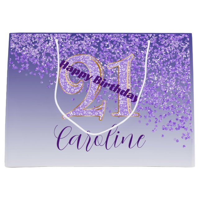 Pretty Falling Purple Glitter 21st Birthday Large Gift Bag (Front)