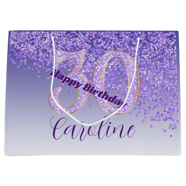 Pretty Falling Purple Glitter 30th Birthday Large Gift Bag (Front)