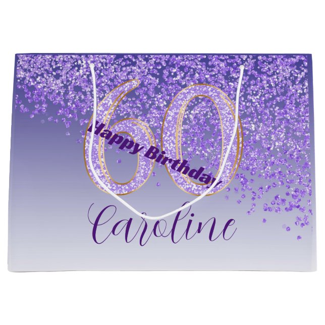 Pretty Falling Purple Glitter 60th Birthday Large Gift Bag (Front)