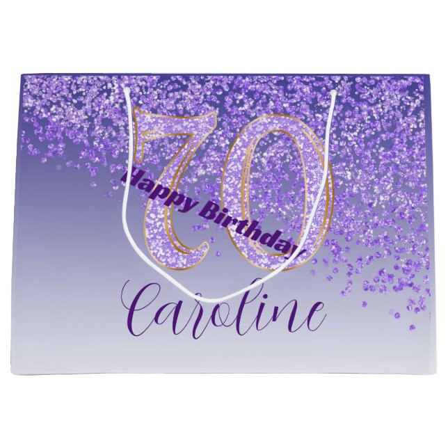 Pretty Falling Purple Glitter 70th Birthday Large Gift Bag (Front)
