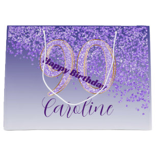 Pretty Falling Purple Glitter 90th Birthday Large Gift Bag