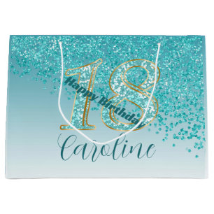 Pretty Falling Teal Blue Glitter 18th Birthday Large Gift Bag