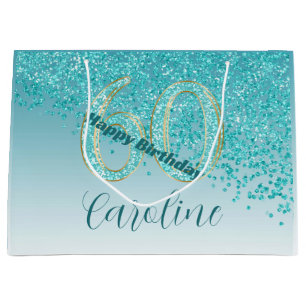 Pretty Falling Teal Blue Glitter 60th Birthday Large Gift Bag