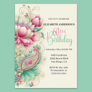 Pretty Fancy Paisley Flower 60th Birthday Invitation