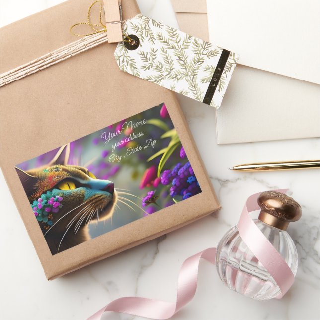 Pretty fantasy flower Cat  Name & Address Rectangular Sticker (Gifting)