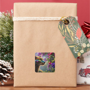 Pretty fantasy flower Cat  Name & Address  Square Sticker
