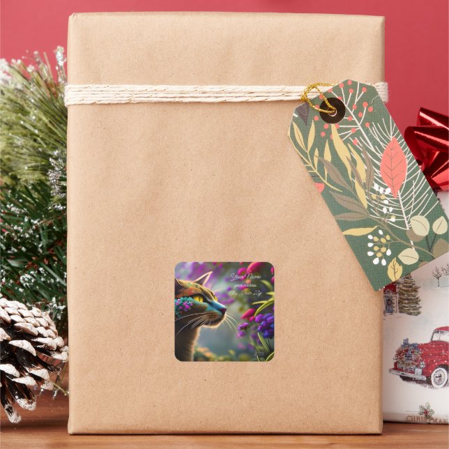 Pretty fantasy flower Cat  Name & Address  Square Sticker (Holiday)