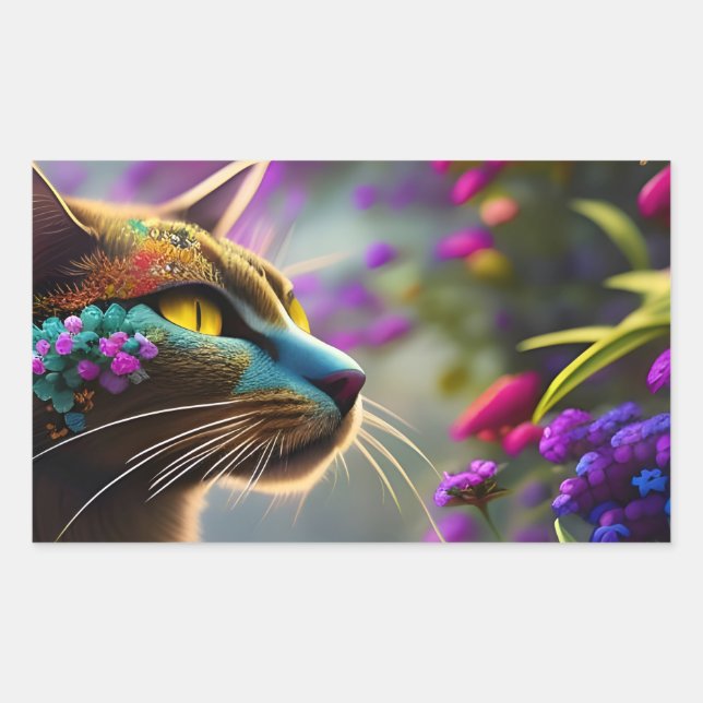 Pretty fantasy flower Cat  Rectangular Sticker (Front)