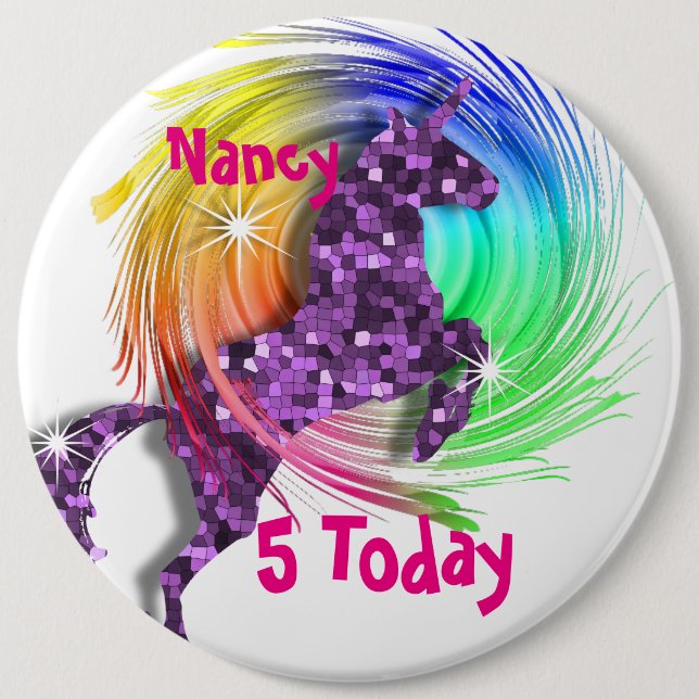 Pretty Fantasy Rainbow Unicorn Personalised Age 6 Cm Round Badge (Front)