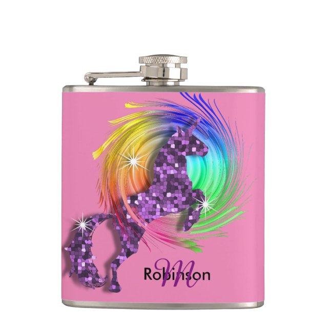 Pretty Fantasy Rainbow Unicorn Personalised Hip Flask (Front)