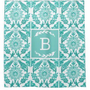 Pretty Farmhouse Blue Floral Tile & Laurels Shower Curtain