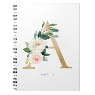 Pretty Faux Gold Foil Floral Letter A Monogram Notebook