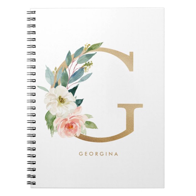 Pretty Faux Gold Foil Floral Letter G Monogram Notebook (Front)